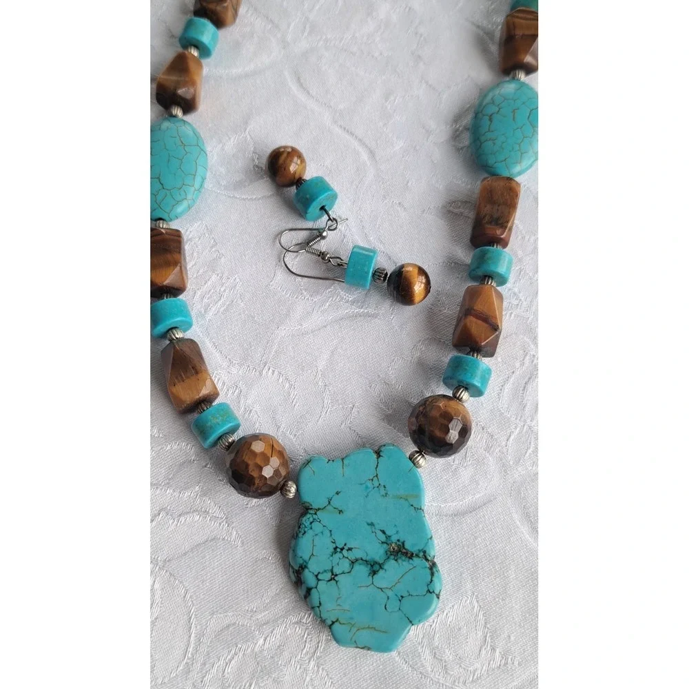 Fashion Jewelry Set Necklace Earrings Tiger Eye Turquoise Howlite Adjustable